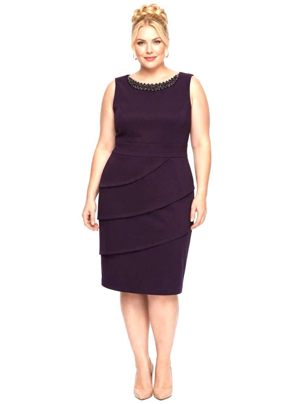 connected apparel Beaded-Neckline Eggplant Purple Tiered Shift Dress NWOT